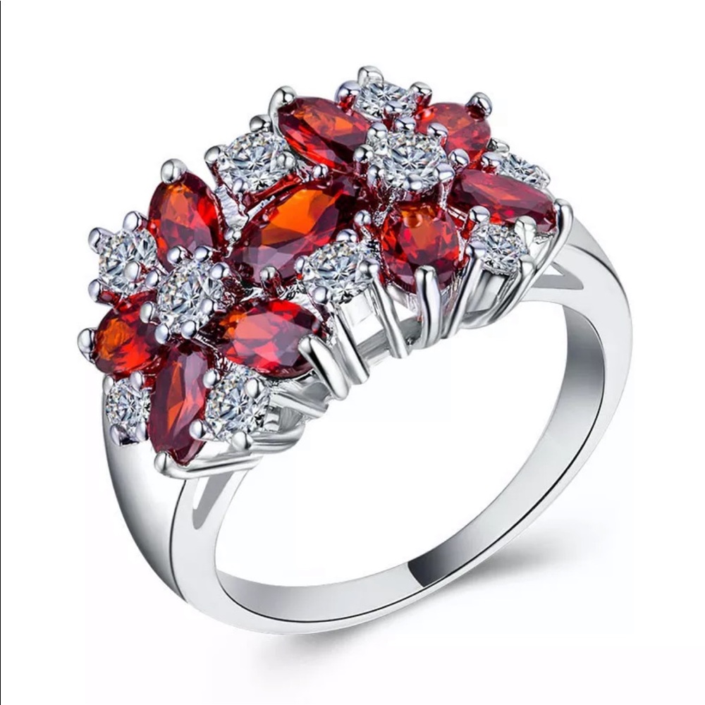 New 925 Silver Flower Birthstone Garnet  Ring